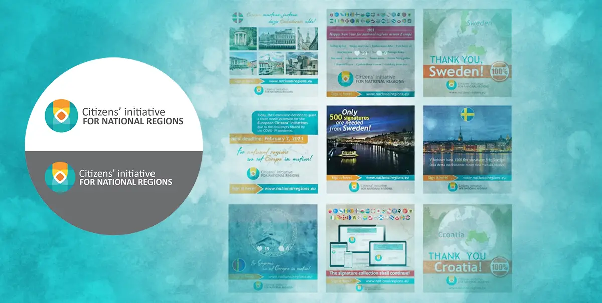 Design identitate vizuală și elemente grafice pentru campania europeană Inițiativa Cetățenească pentru Regiuni Naționale, realizat de Digital Studio